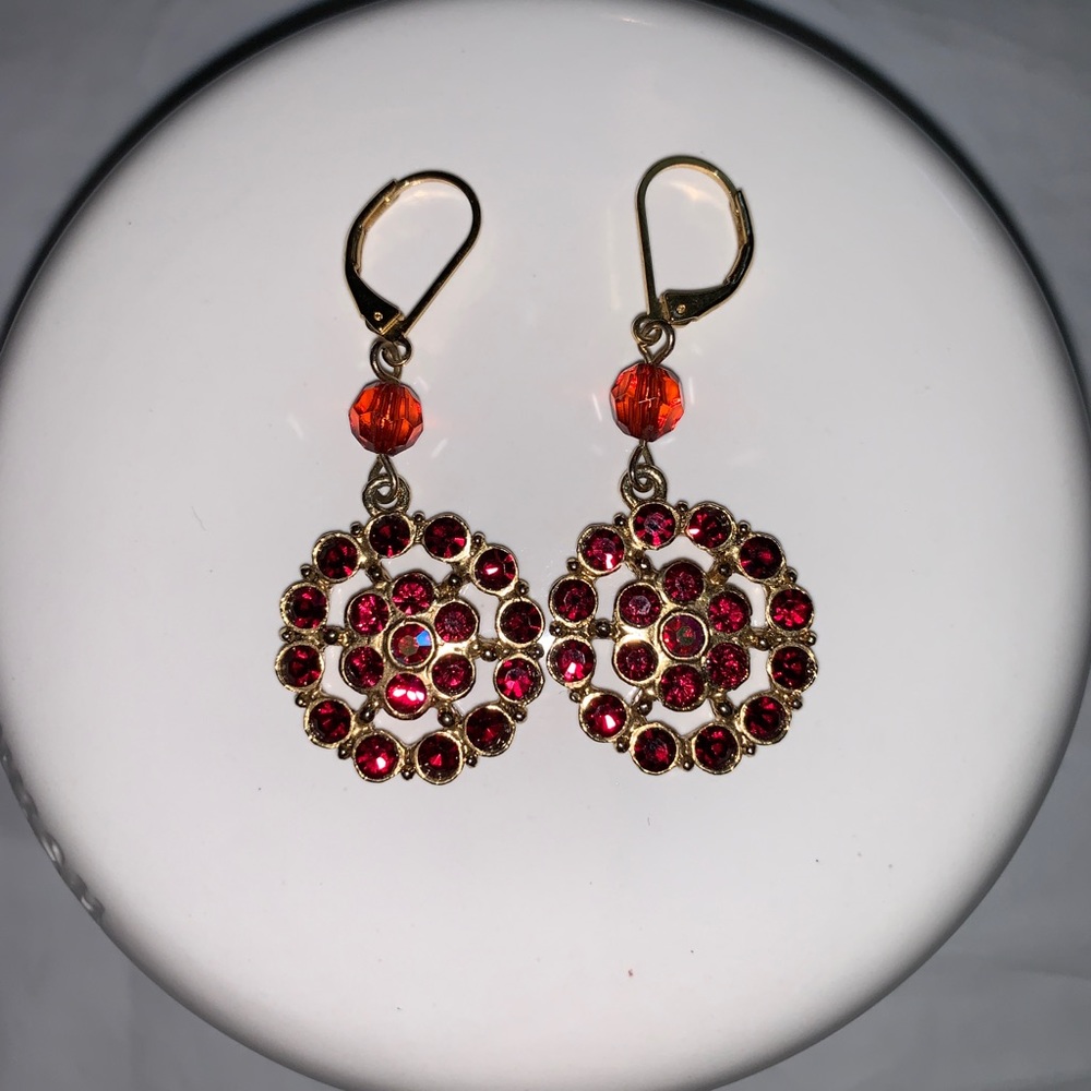 Red Crystal Gold Toned Medallion Earrings